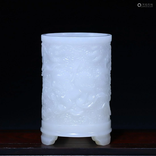 CHINESE HETIAN JADE BRUSHPOT WITH CARVED 'LION' ON THREE LEG...