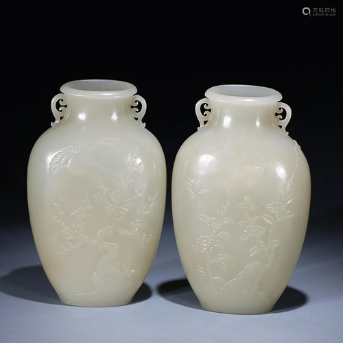 TWO CHINESE HETIAN JADE MEIPING VASES