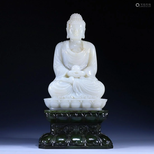 CHINESE HETIAN WHITE JADE FIGURE OF BUDDHA