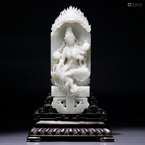 CHINESE HETIAN WHITE JADE FIGURE OF TARA