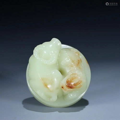 CHINESE HETIAN YELLOW JADE BI DISC WITH CAREVD 'OX'