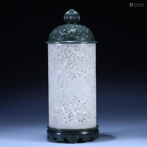 CHINESE HETIAN WHITE JADE INCENSE POT WITH JASPER COVER AND ...