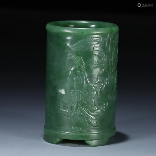 CHINESE INSCRIBED HETIAN JASPER BRUSHPOT WITH CARVED 'FIGURE...