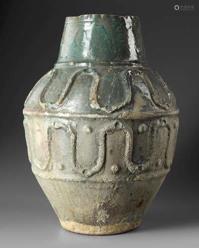 A LARGE POST-SASSANIAN TURQUOISE GLAZED STORAGE JAR, PERSIA,...