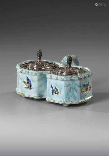 A BRUSSELS FAIENCE CRUET STAND, MOUNTED AS INKWELL