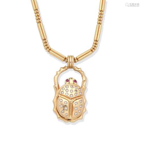RUBY AND DIAMOND-SET SCARAB PENDANT/NECKLACE