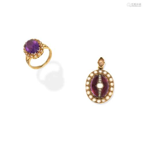 AMETHYST AND SEED PEARL RING AND A 19TH CENTURY AMETHYST, PE...