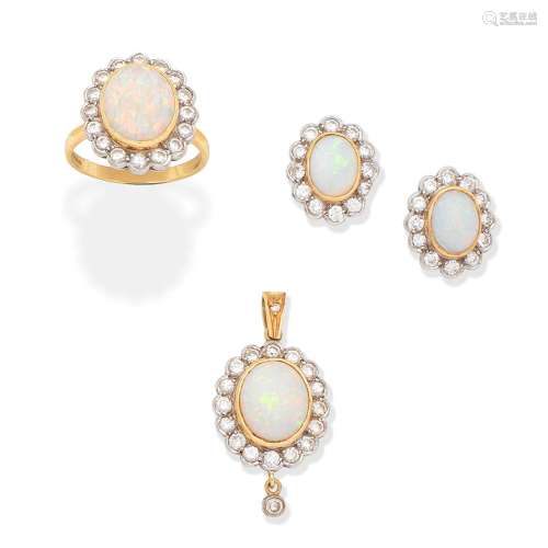 OPAL AND DIAMOND PENDANT, RING AND EARRING SUITE,  (3)