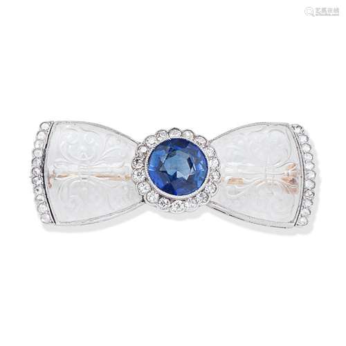 SYNTHETIC SAPPHIRE, ROCK CRYSTAL AND DIAMOND-SET BOW BROOCH,