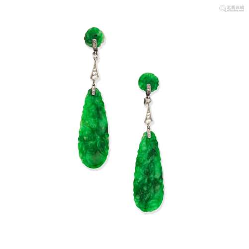 JADE AND DIAMOND PENDENT EARRINGS,