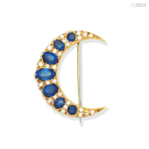 CROPP & FARR SAPPHIRE AND DIAMOND CRESCENT BROOCH,