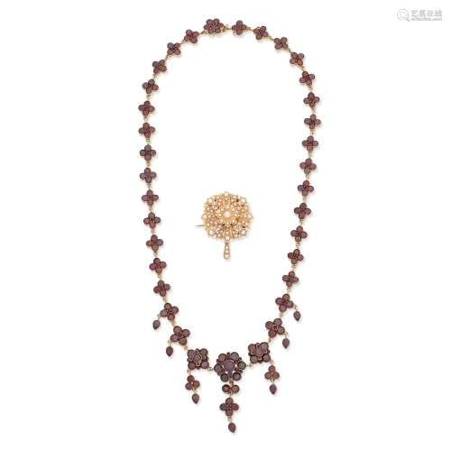 GARNET FRINGE NECKLACE AND SEED PEARL PENDANT/BROOCH, (2)