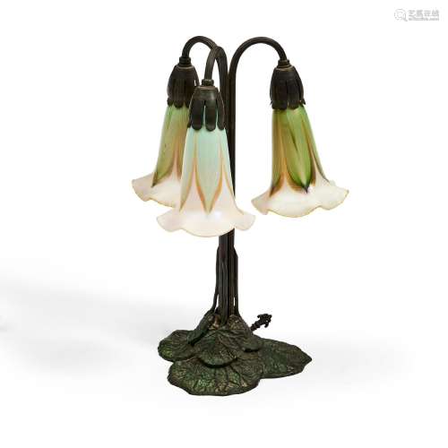 Three-light Lily Table Lamp with Quezal Glass Shades, Queens...