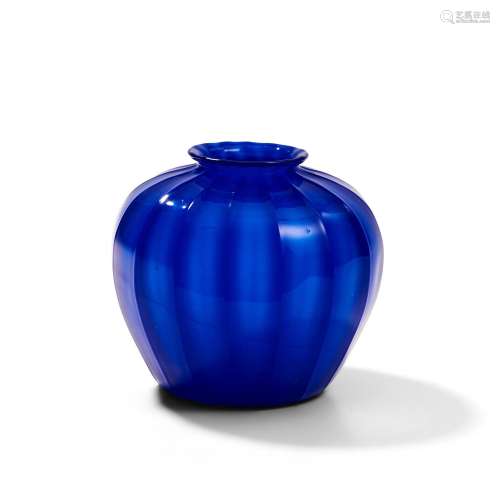 Steuben Dark Blue Jade Ribbed Glass Vase, Corning, New York,...