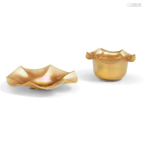 Steuben Gold Aurene with Frosting Glass Bowl and Underplate,...