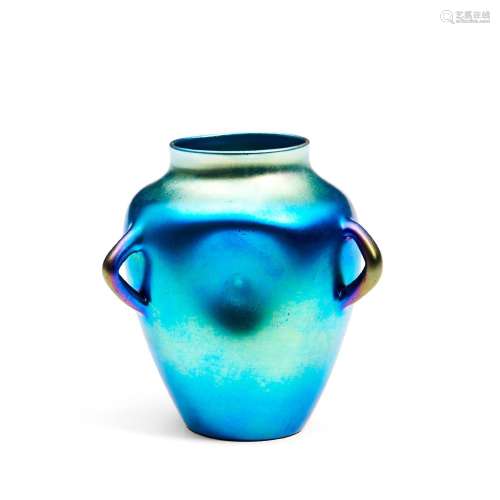 Steuben Blue Aurene Three-handled Dimpled Vase, Corning, New...