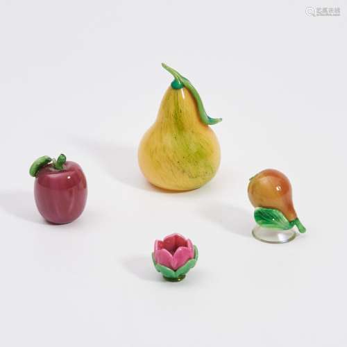 Three Pieces of Steuben Colored Glass Fruit and One Flower, ...