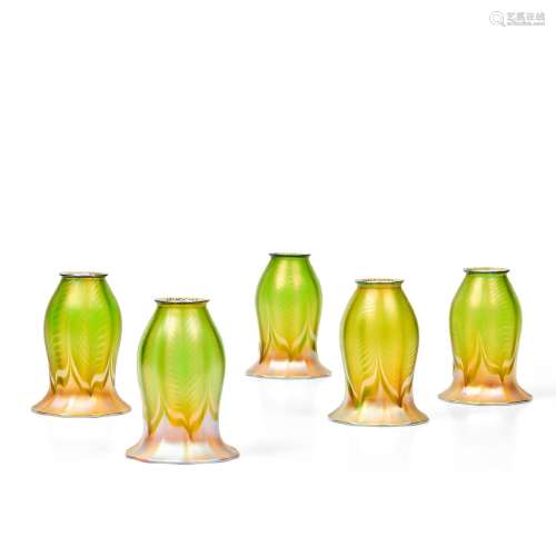 Five Quezal Green Pulled-feather Glass Shades, Queens, New Y...