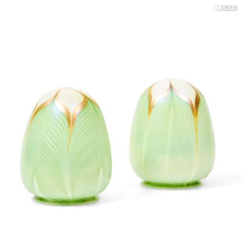 Pair of Quezal Bullet-form Green Pulled-feather Glass Shades...