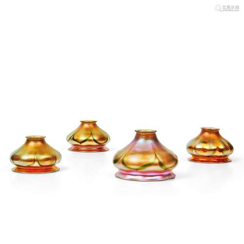 Four Steuben Green Dragged-loop on Gold Aurene Glass Shades,...