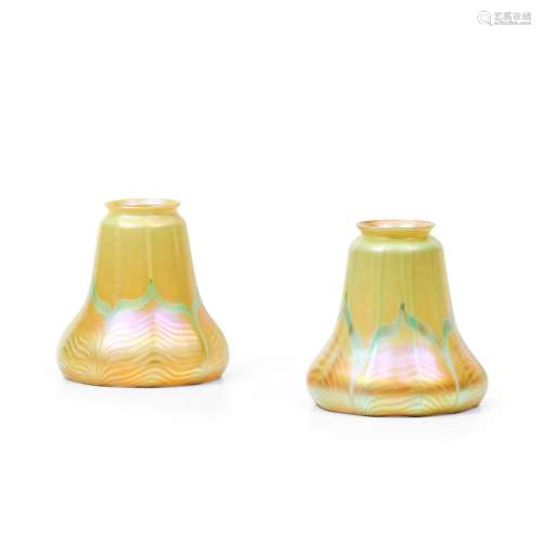 Pair of Quezal Iridescent Pulled-feather Chartreuse Glass Sh...