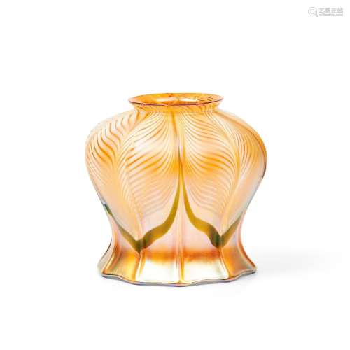 Quezal White Pulled-feather Iridescent Gold Glass Shade, Que...