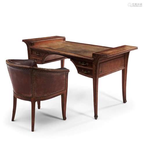 Louis Majorelle (1859-1926) Carved Walnut Desk and Armchair,...