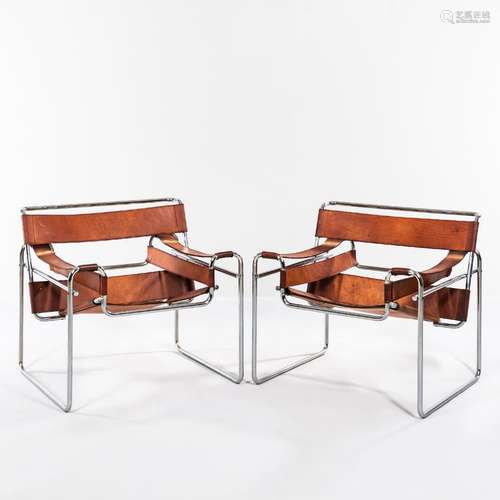 Pair of Wassily-style Lounge Chairs, leather and chromed ste...