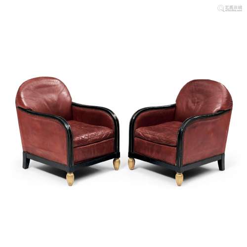 Pair of Art Deco Club Chairs, France, c. 1935, lacquered and...