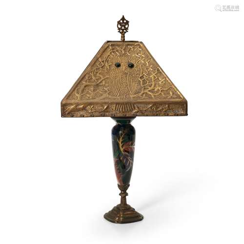 Table Lamp with Owl Motif, c. 1925, reserve-painted glass ba...
