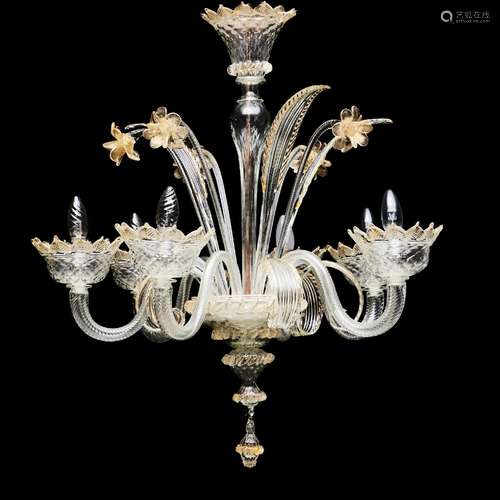 Six-arm Murano Glass Chandelier, Italy, late 20th century, u...