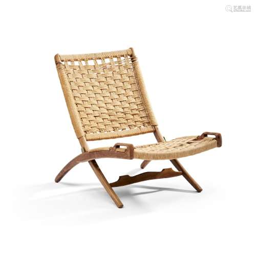 Wegner-style Teak and Rope Folding Lounge Chair, c. 1960, un...