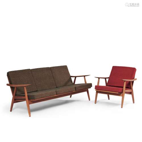 Mid-century Modern Upholstered Teak Armchair and Sofa, c. 19...