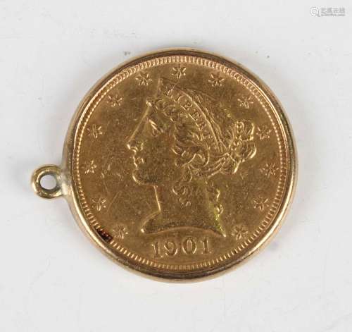 A USA gold five dollars 1901, later set with a cushion penda...