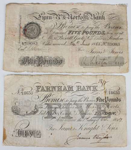 A Surrey Provincial Farnham Bank five pounds note, dated '1s...