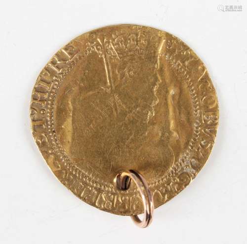 A James I gold unite 1613-1615, mintmark cinquefoil, pierced