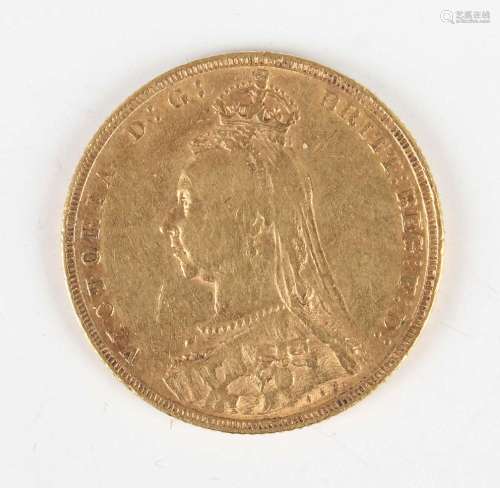 A Victoria Jubilee Head sovereign 1889, with a case.