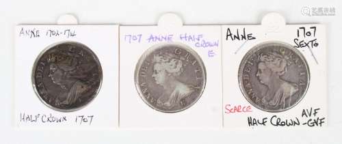 A group of three Anne half-crowns, comprising two 1707 Edinb...