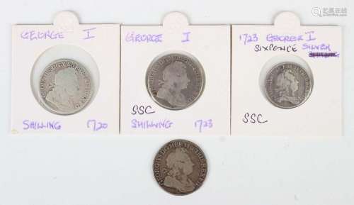 A group of four George I silver coins, comprising a shilling