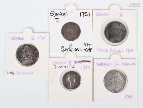 A group of George II silver coins, including two sixpences 1...