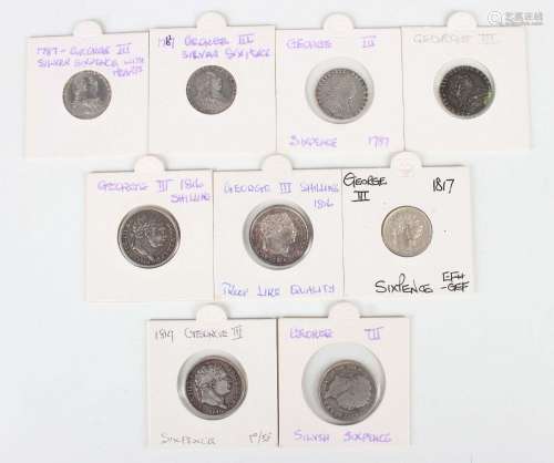 A group of George III silver coins, including four sixpences