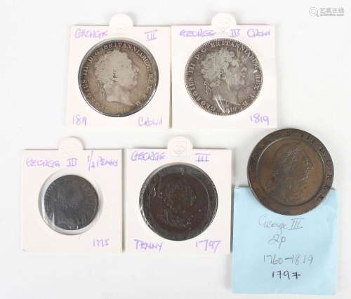 A group of George III coins, including two crowns 1819, a ca...