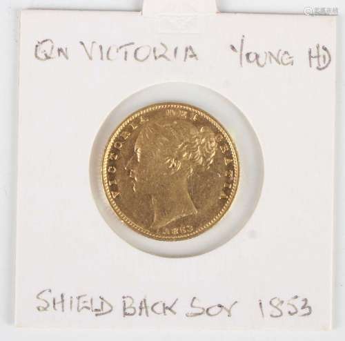 A Victoria Young Head shield back sovereign 1853.