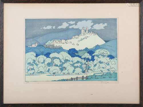 Philip Gregory Needell - 'Corfe', woodcut in colours, signed...