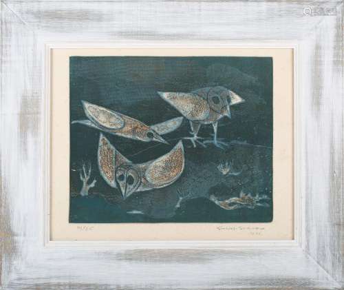 Satish Sharma - Three Owls, 20th century colour mixed method...