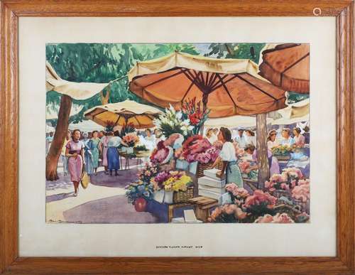 Jan Daum - 'Summer Flower Market, Nice', watercolour, signed...