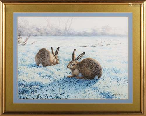 Owen Williams - Two Hares in a Snowy Landscape, watercolour,...