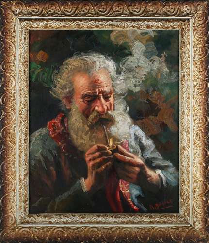 A. Basile - Portrait of a Bearded Gentleman smoking a Pipe, ...