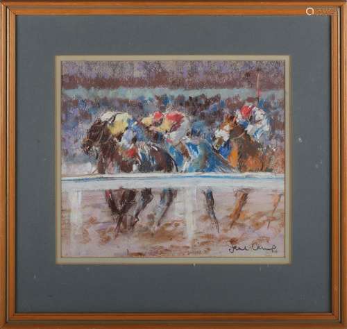 Jane Camp - Horseracing Scene, 20th century pastel, signed, ...