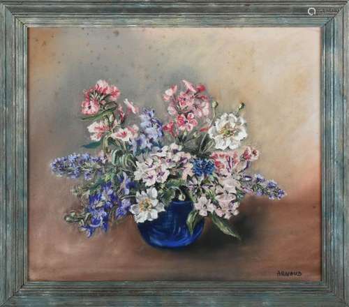 Arnaud - Still Life of Flowers in a Blue Vase, pastel, signe...